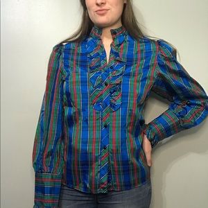 Vintage Notations Plaid Ruffle Blouse Size Medium